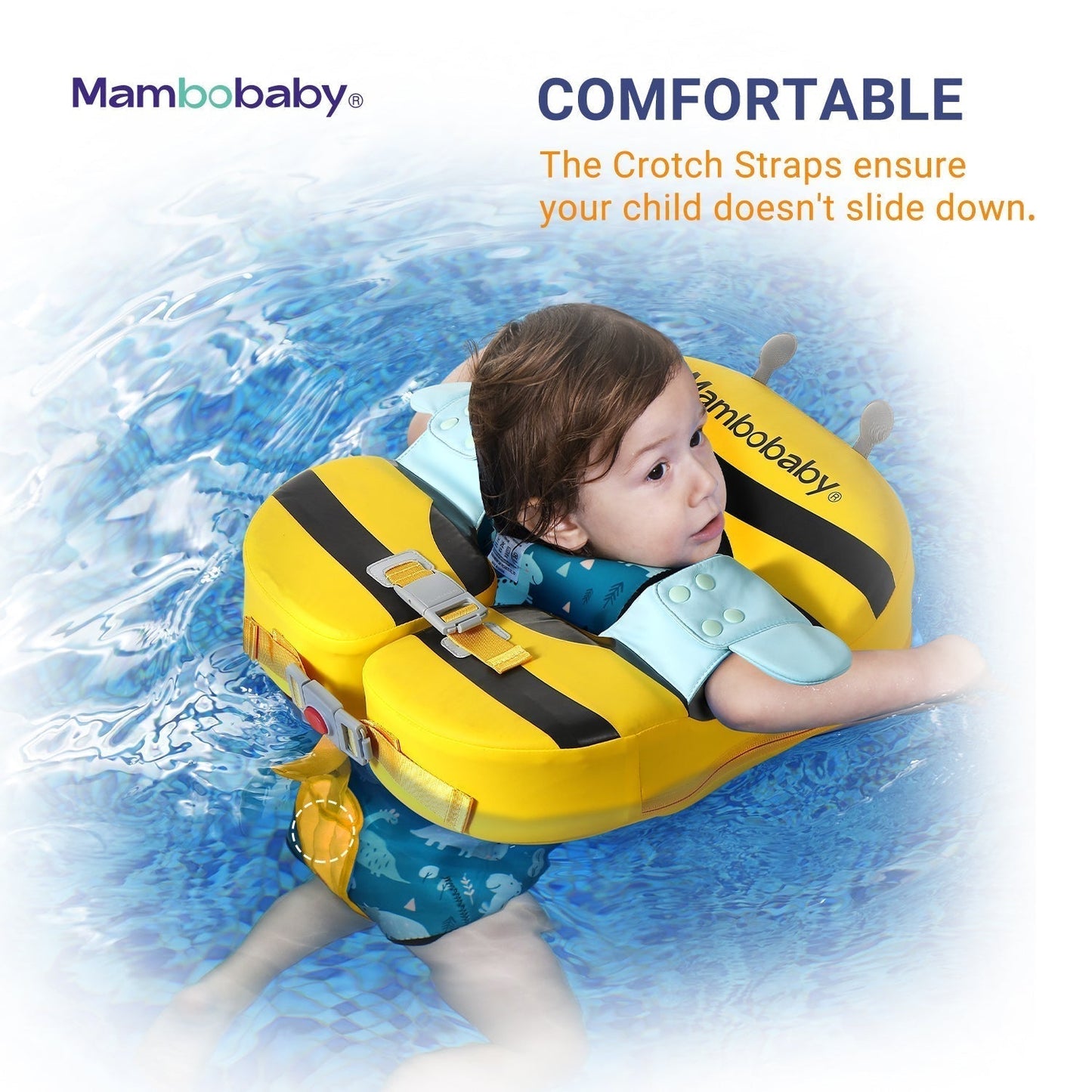 Mambobaby™ Bee Shoulder Float avec un bébé profitant de la piscine en toute sécurité sous le soleil français.