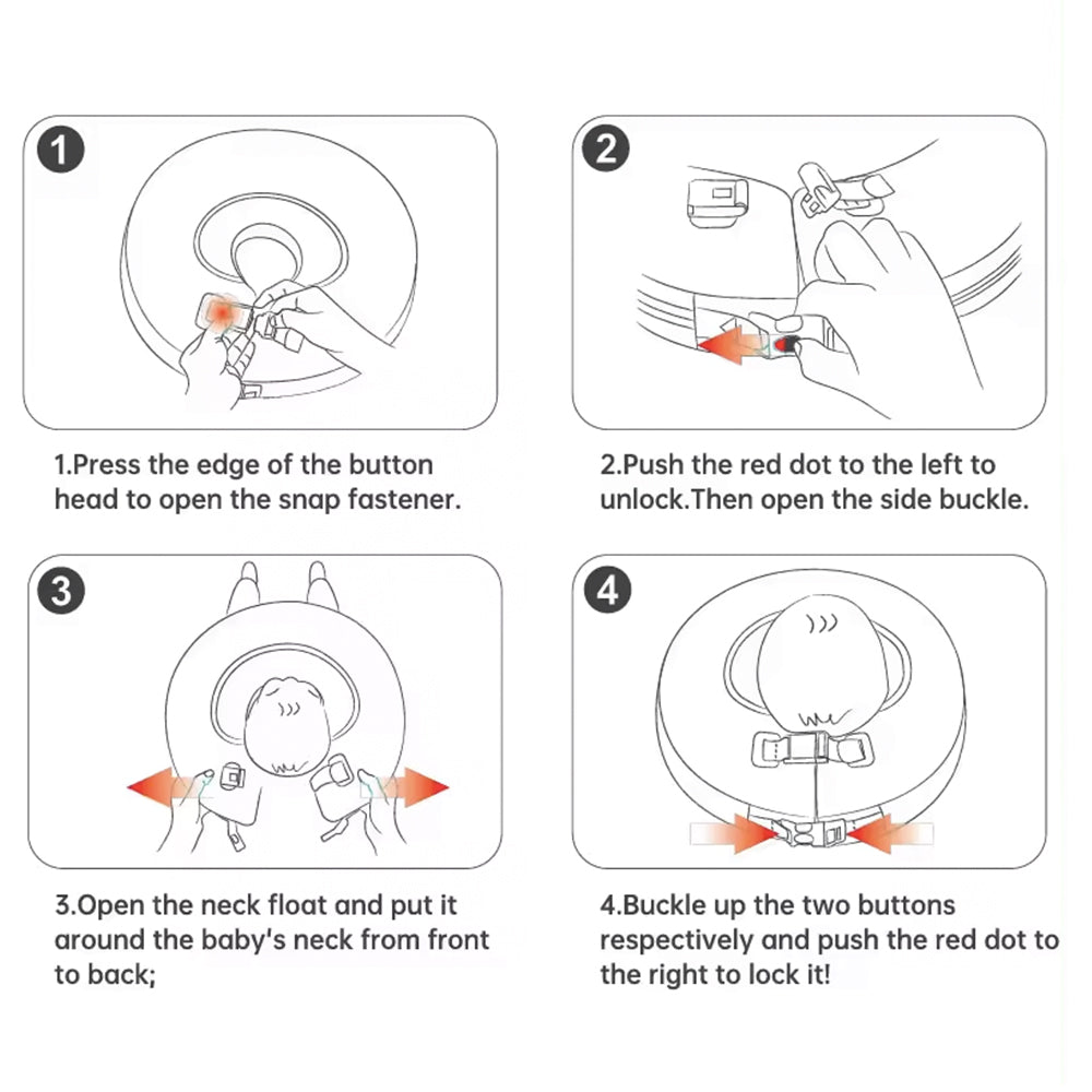 Mambobaby™ Bouée de Cou Spa Bébé Donut guide visuel pour verrouiller et déverrouiller la bouée de cou.
