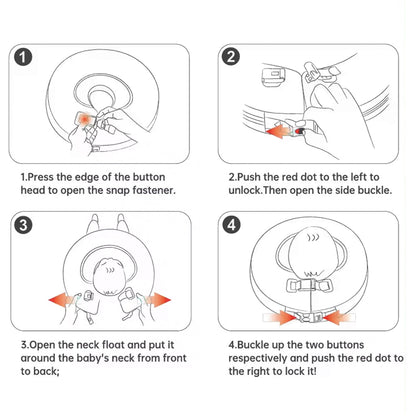 Mambobaby™ Bouée de Cou Spa Bébé Donut guide visuel pour verrouiller et déverrouiller la bouée de cou.
