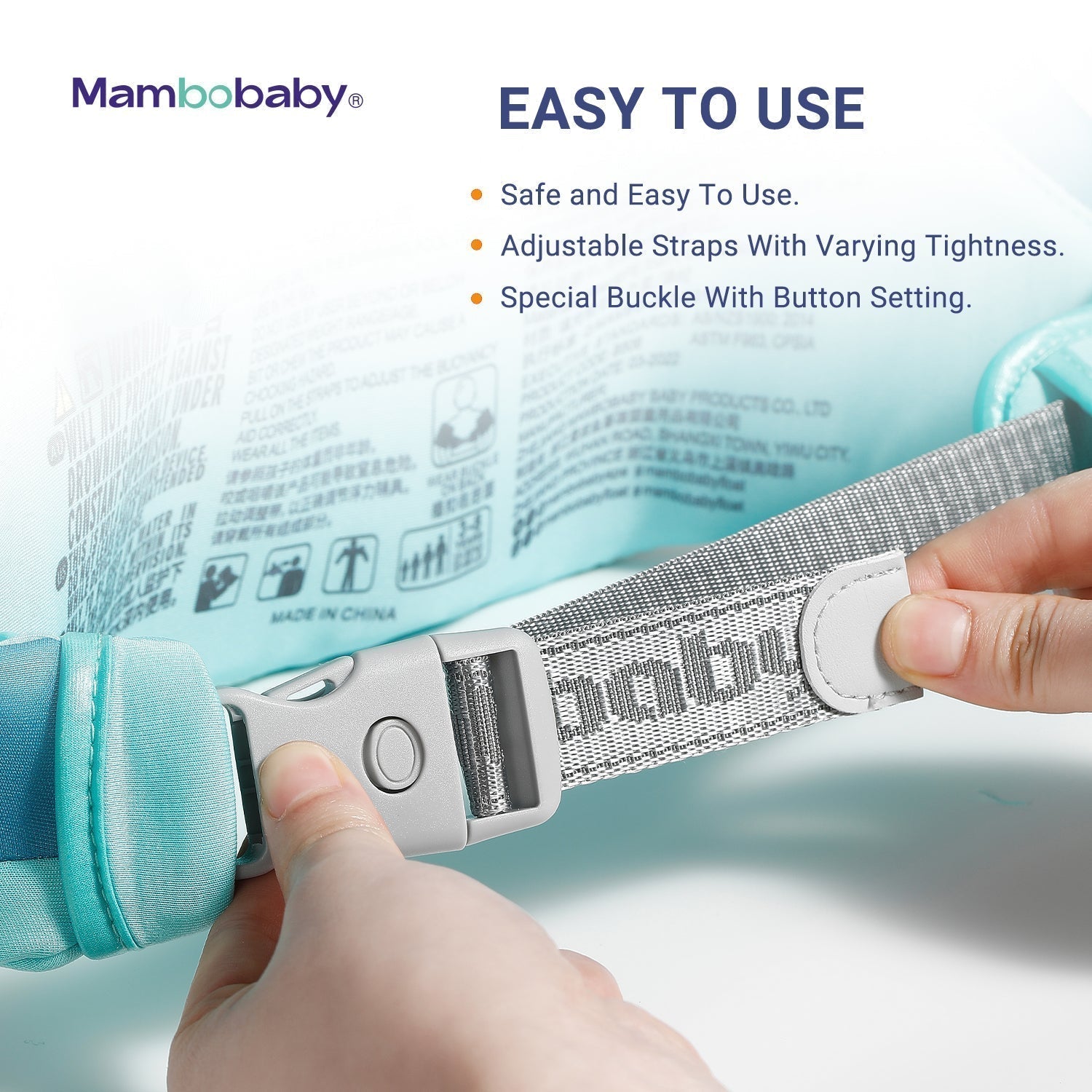 Mambobaby™ Brassards Évolutifs boucles réglables et harnais de poitrine sécurisé.