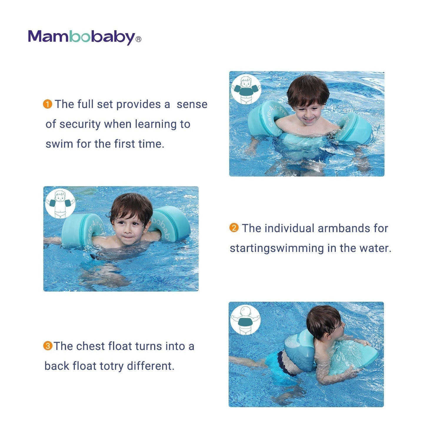 Mambobaby™ Brassards Évolutifs positions d'apprentissage de la natation et flottabilité optimale.
