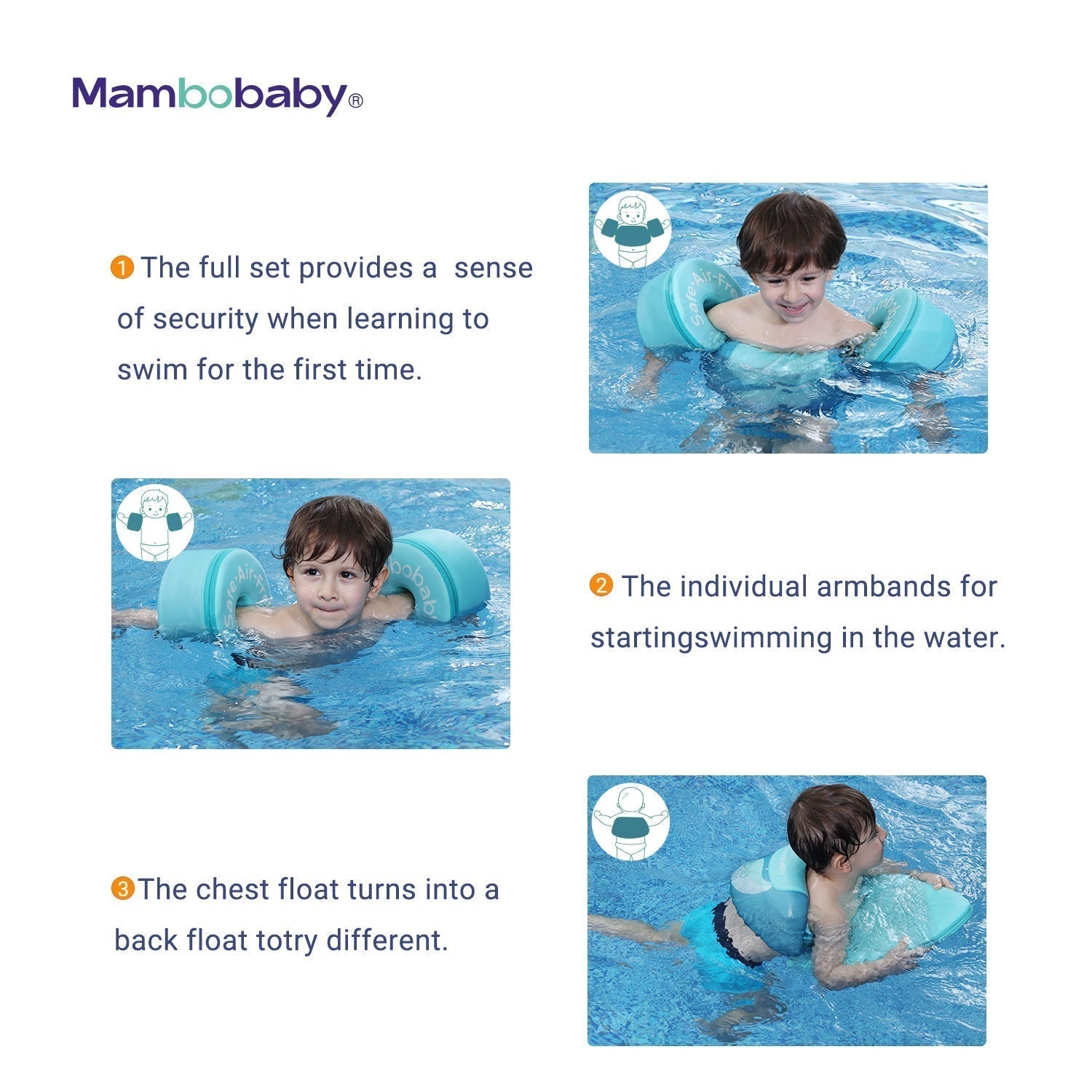 Mambobaby™ Brassards Évolutifs positions d'apprentissage de la natation et flottabilité optimale.