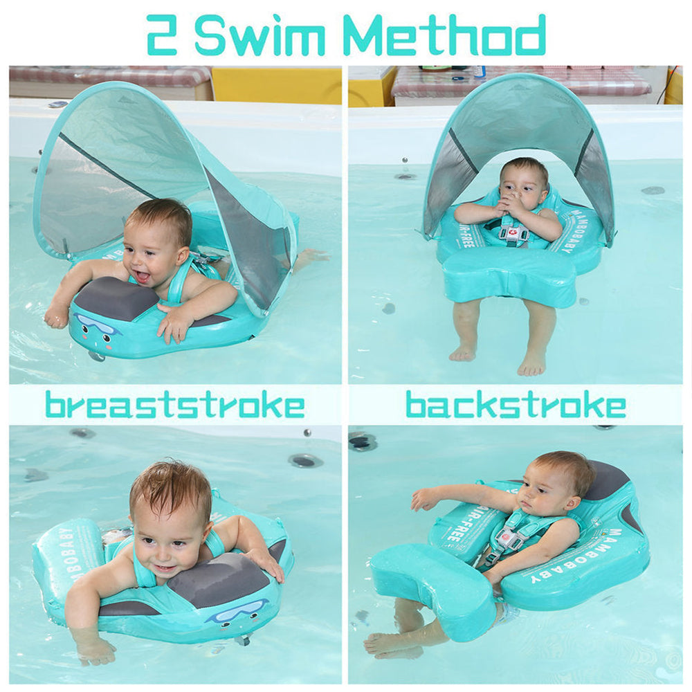 Mambobaby™ Flamant Rose Vert positions de nage sur le ventre et sur le dos pour l'éveil aquatique.